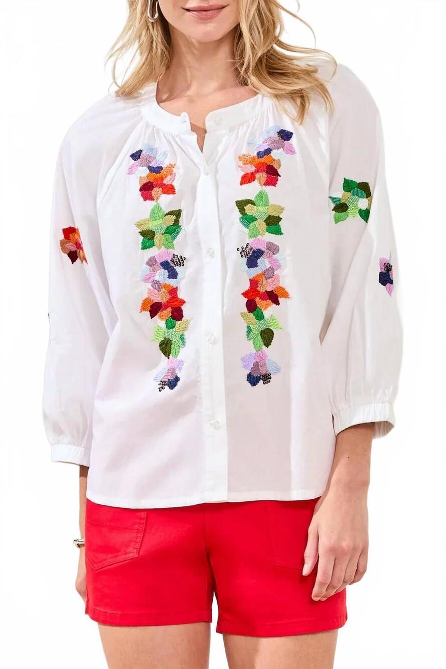 NEW TRIBAL three quarter sleeve embroidered blouse in white